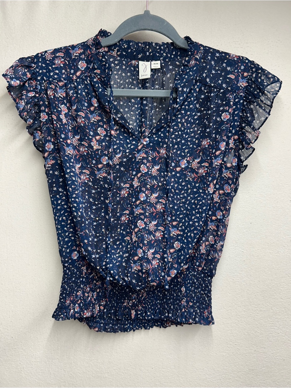 Joie Navy Floral Smocked Waist Flutter Sleeve Blouse